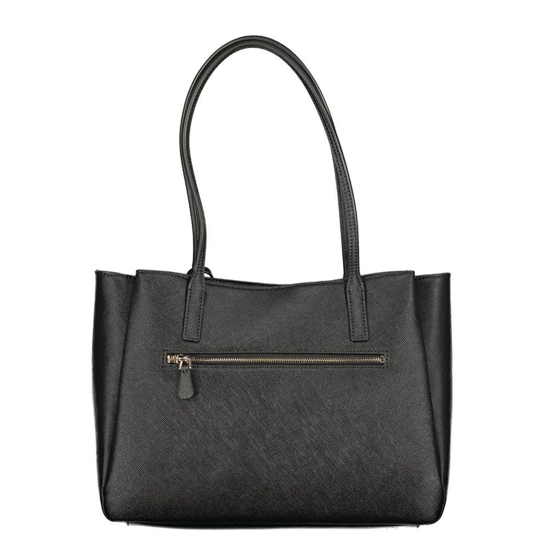 Black textured polyurethane tote bag with two shoulder straps and a zippered exterior pocket