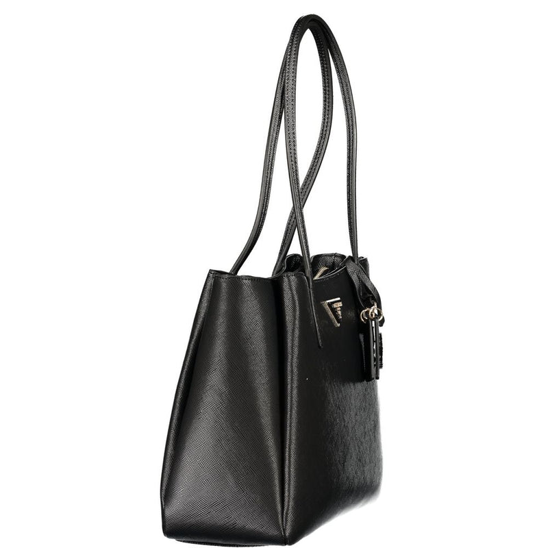Black textured polyurethane tote bag with twin shoulder straps and side profile view