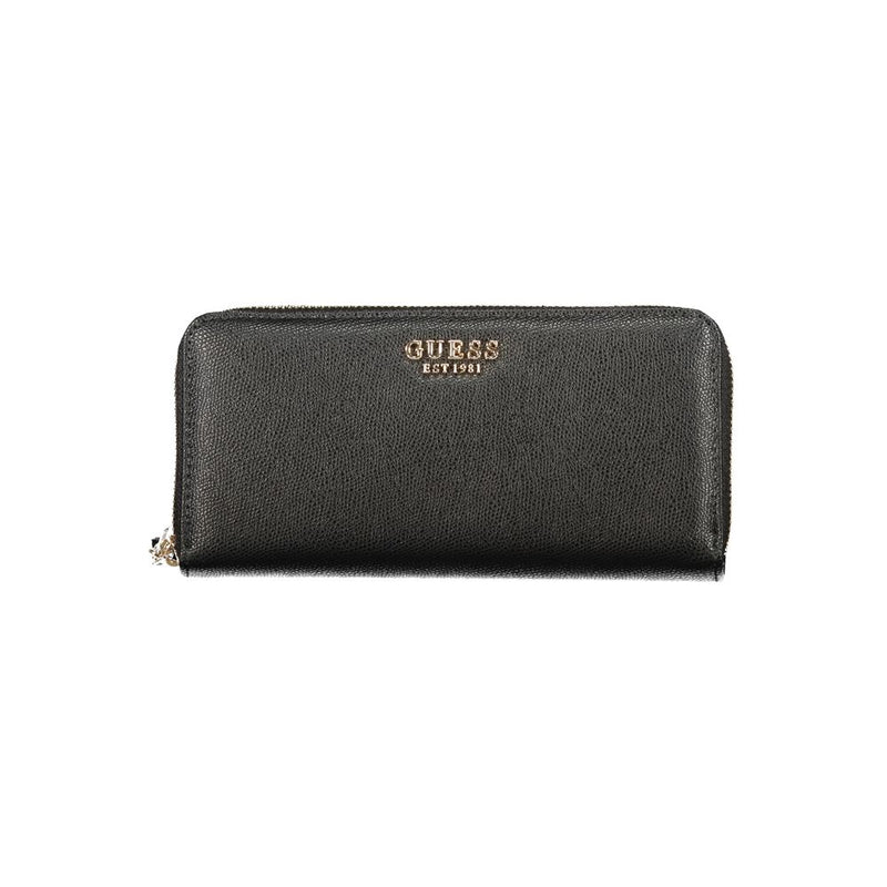 Black polyurethane zip-around women's wallet with gold Guess logo