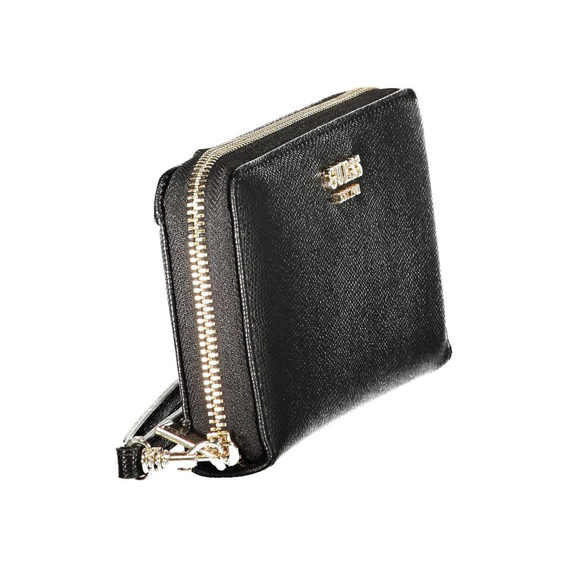 Black polyurethane zippered wallet with gold hardware and logo