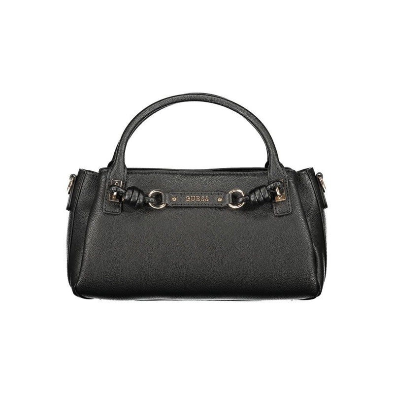 Black polyurethane structured handbag with top handle and decorative front strap