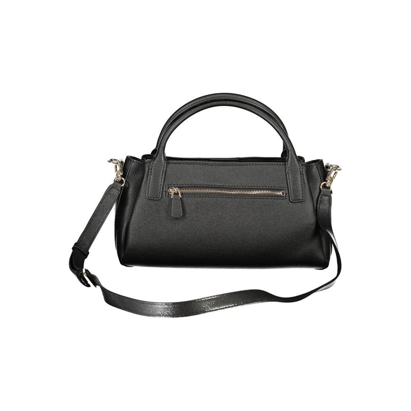 Black polyurethane women's handbag with top handles and a shoulder strap