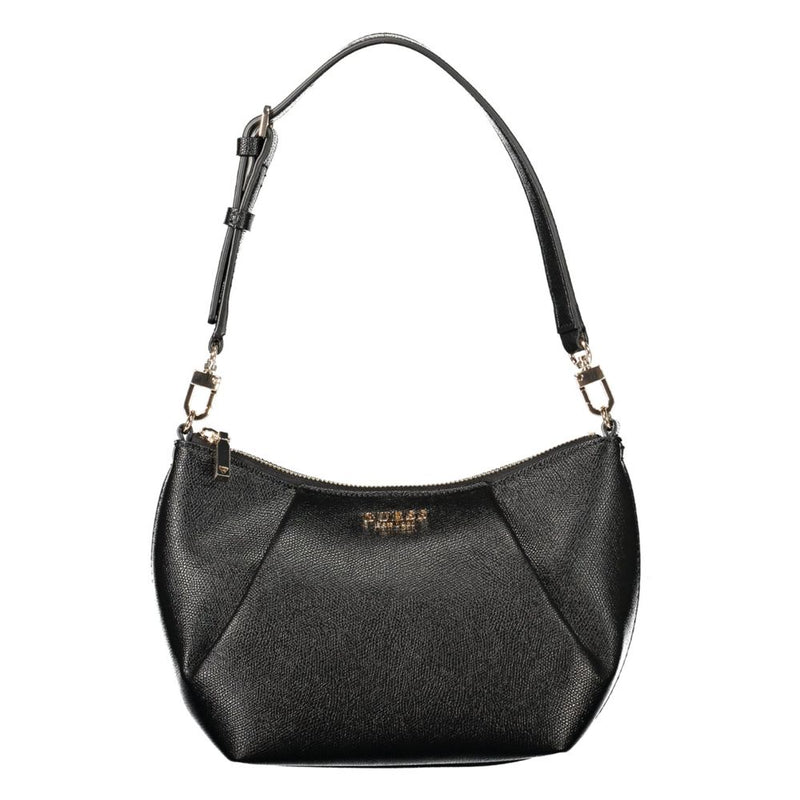 Black polyurethane shoulder bag with textured finish, gold hardware, and top zip closure