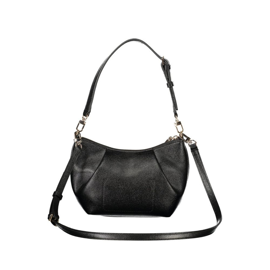 Black polyurethane shoulder bag with textured finish, gold hardware, and top zip closure