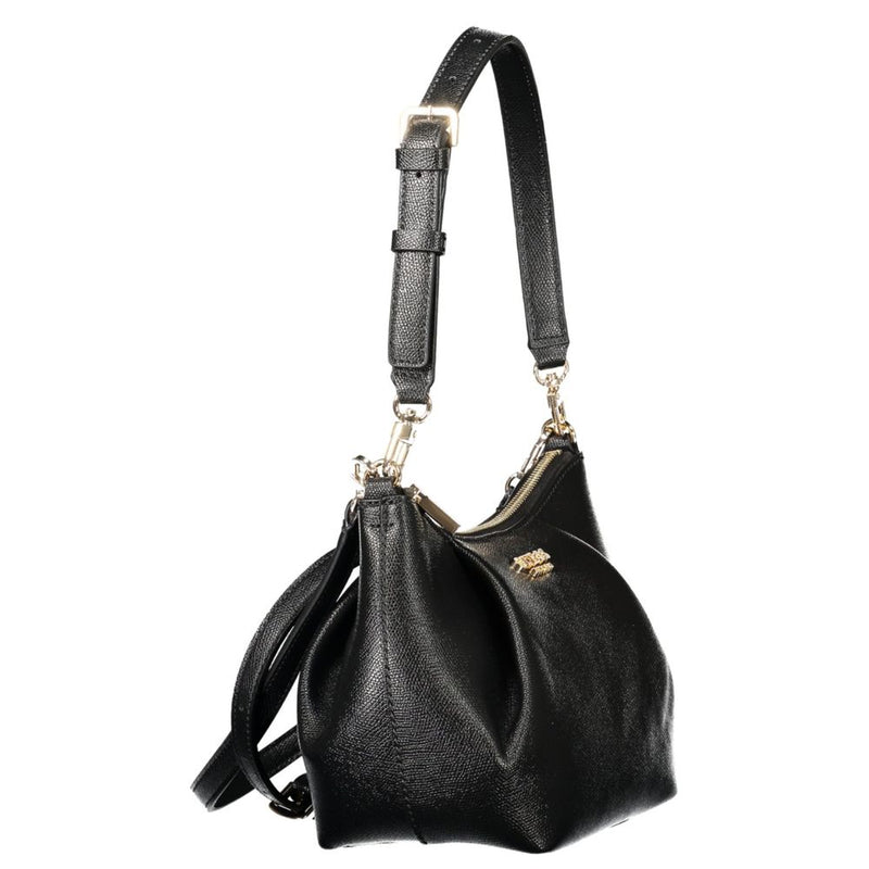 Black textured polyurethane shoulder bag with gold hardware and an adjustable strap
