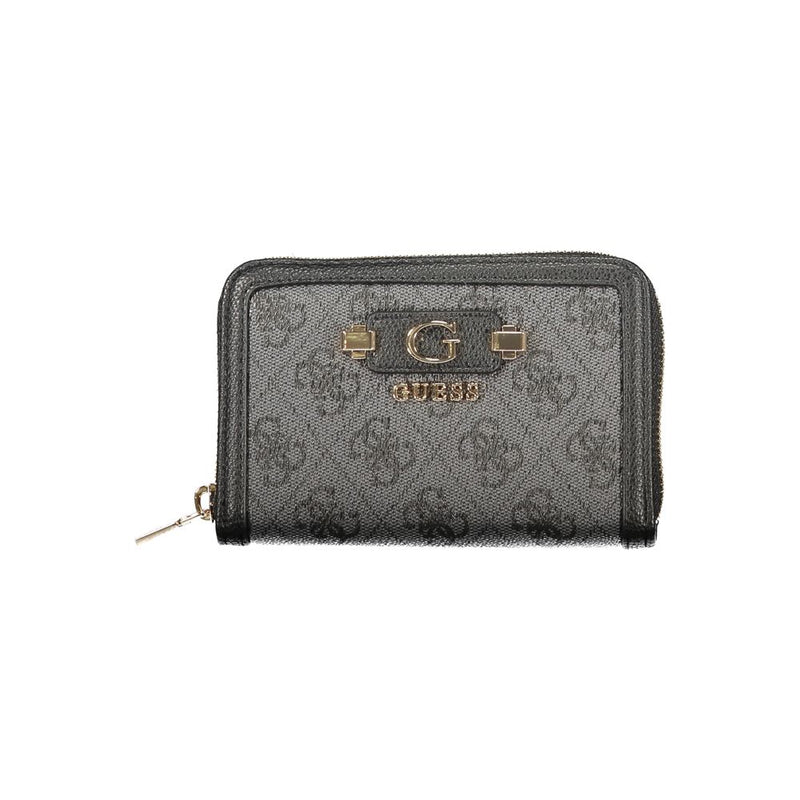 Black polyurethane Guess wallet with all-over logo print and gold hardware