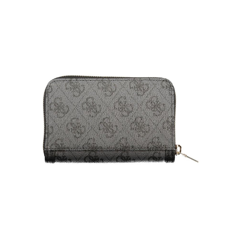 Black polyurethane women's zip-around wallet with an embossed logo pattern