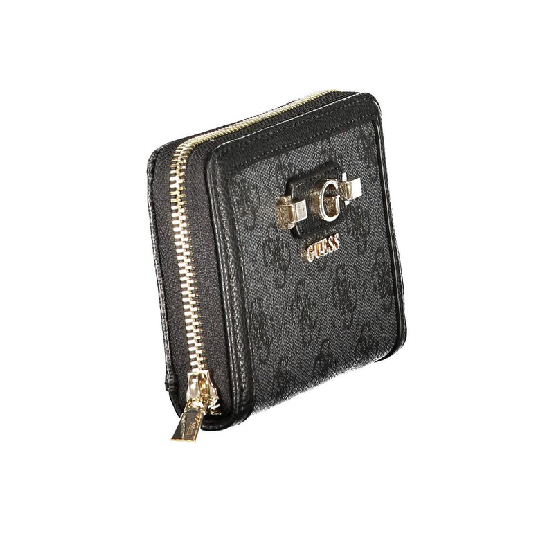 Black polyurethane zip-around wallet with a monogram pattern and gold hardware
