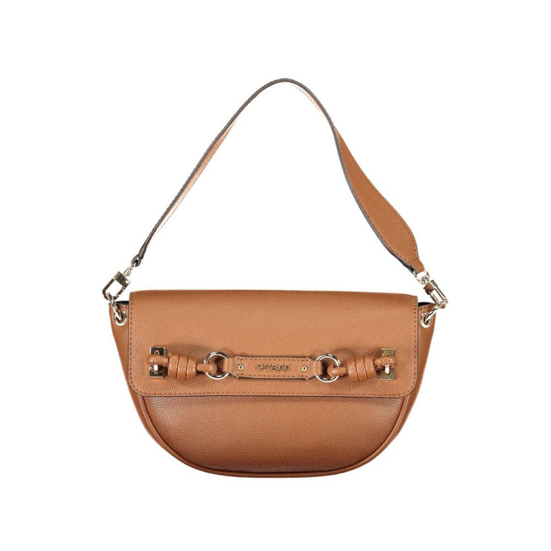 Brown polyurethane saddle bag with a single shoulder strap and metallic horsebit detail