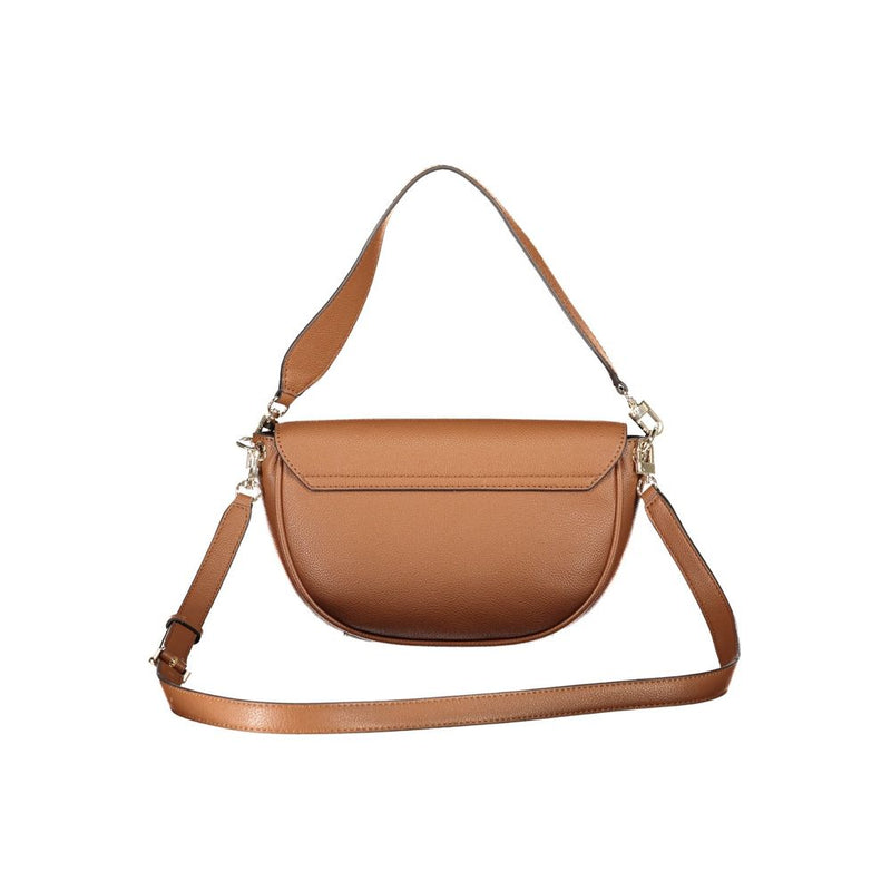 Brown polyurethane women's saddle bag with flap closure and dual straps