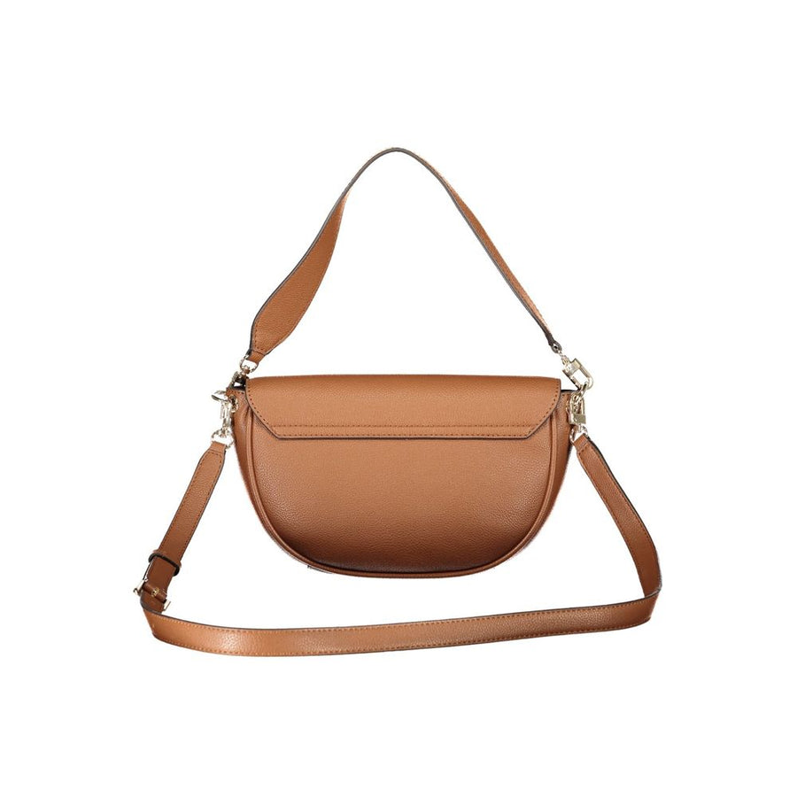 Brown polyurethane saddle bag with a single shoulder strap and metallic horsebit detail
