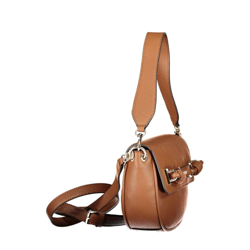 Brown polyurethane women shoulder bag with flap closure and adjustable strap