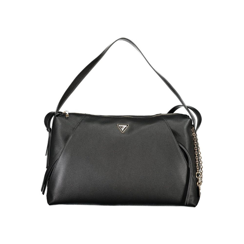 Black polyurethane women's shoulder bag with a short strap and gold chain detail