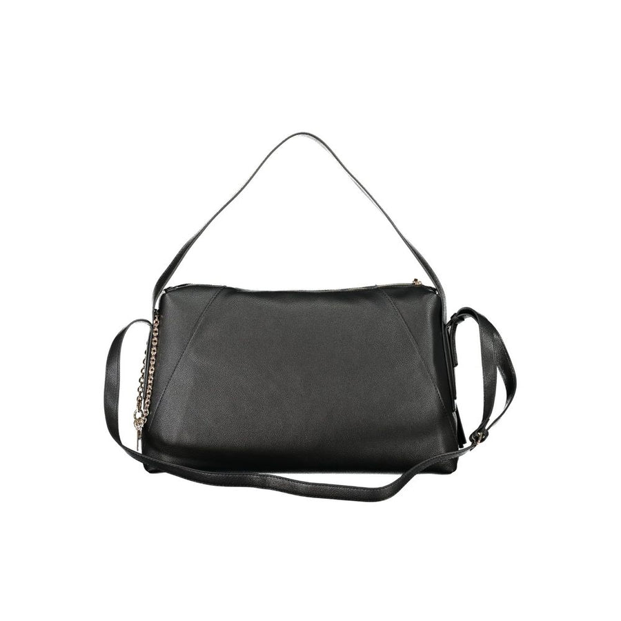 Black polyurethane women's shoulder bag with a short strap and gold chain detail