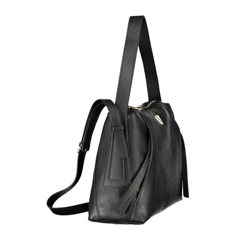 Black polyurethane women's shoulder bag with structured straps