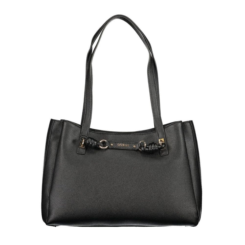 Black polyurethane tote bag with dual shoulder straps and gold-tone hardware details