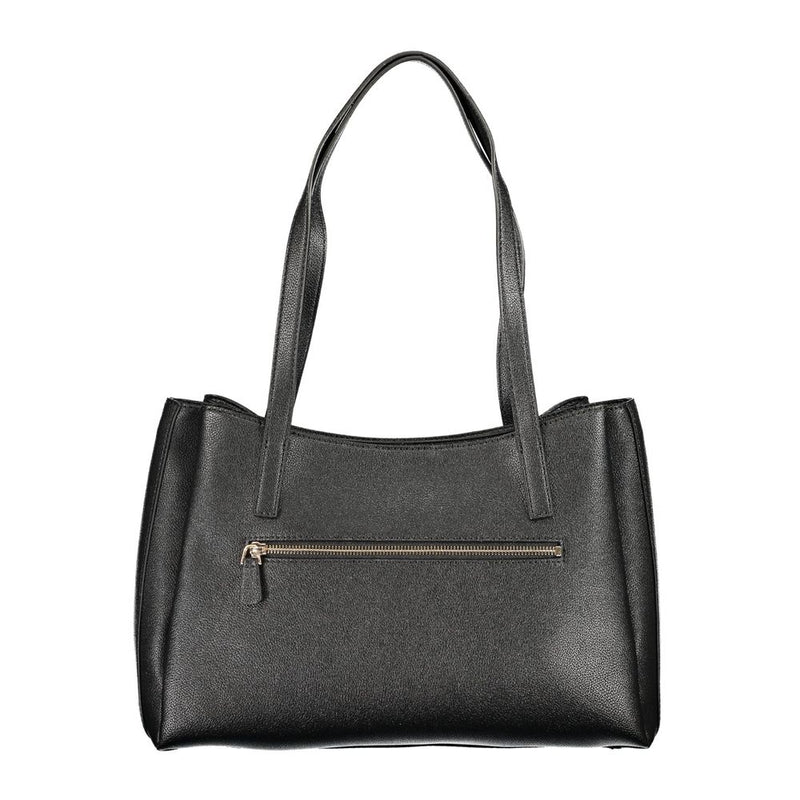 Black polyurethane Guess tote bag with dual shoulder straps and a front zipper pocket