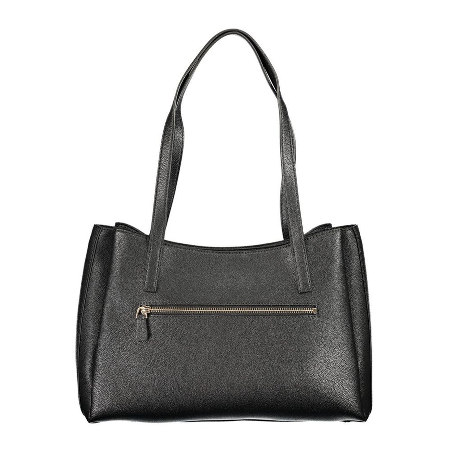 Black polyurethane tote bag with dual shoulder straps and gold-tone hardware details