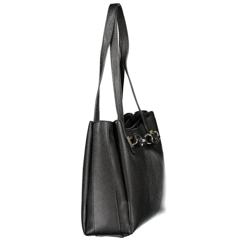 Black polyurethane women's tote bag with shoulder straps and gold hardware accents