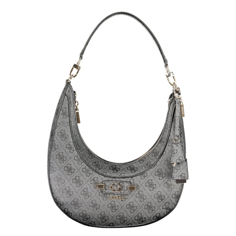 Black polyurethane hobo shoulder bag with monogram pattern and gold hardware