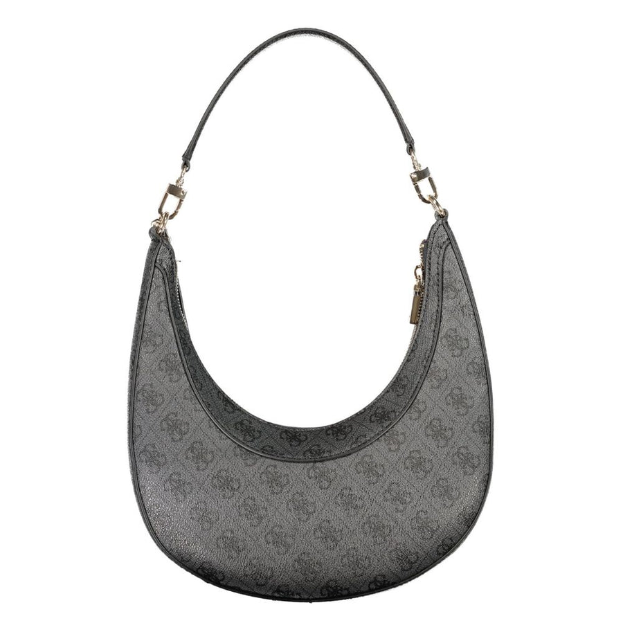 Black polyurethane hobo shoulder bag with monogram pattern and gold hardware