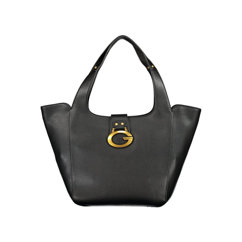 Black polyurethane structured shoulder bag with gold hardware and logo clasp