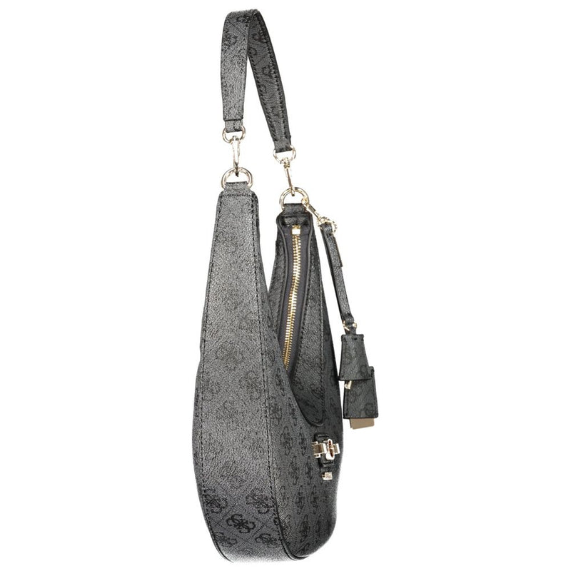 Black polyurethane monogram print shoulder bag with gold hardware