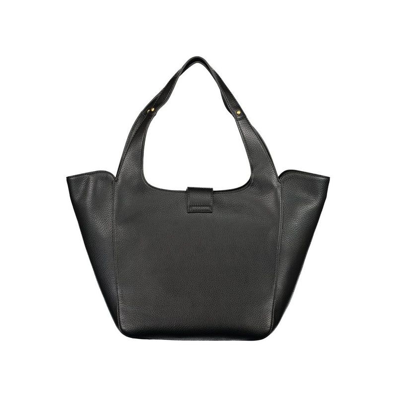 Black polyurethane women's tote bag with pebble texture and shoulder strap