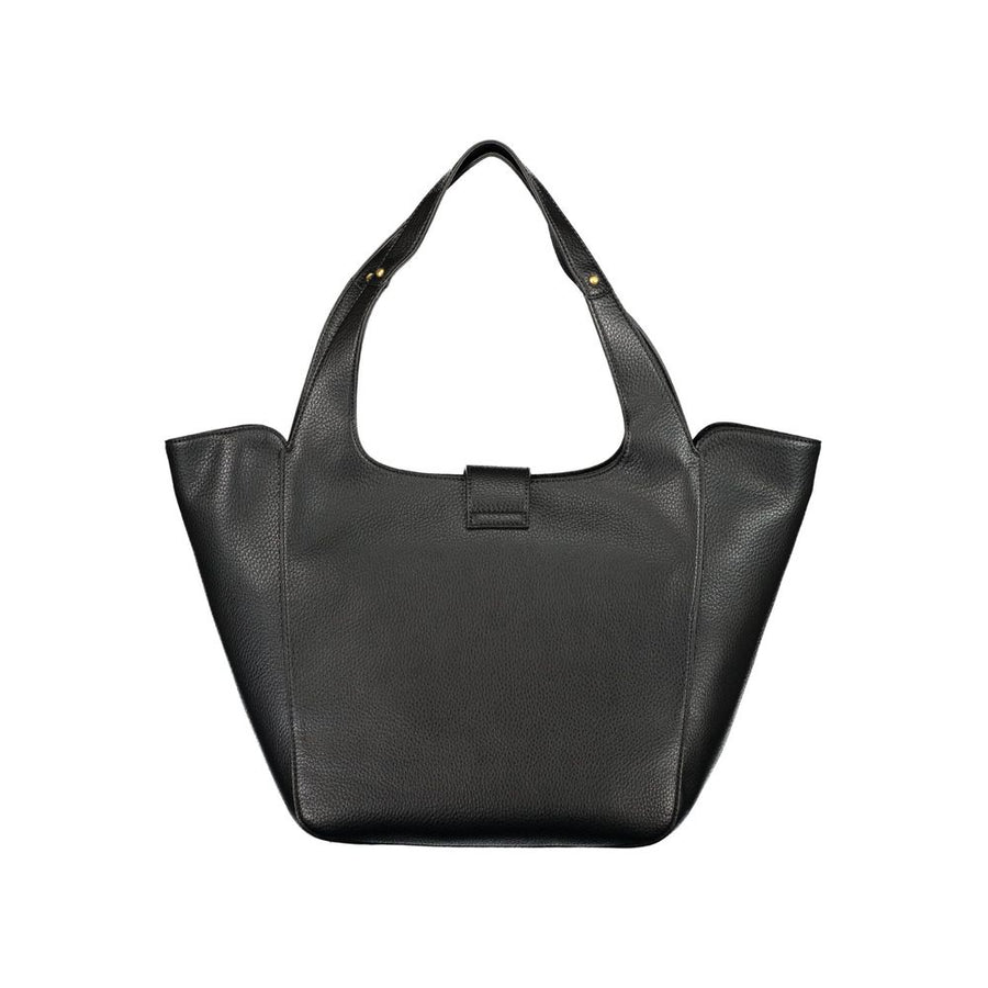 Black polyurethane structured shoulder bag with gold hardware and logo clasp