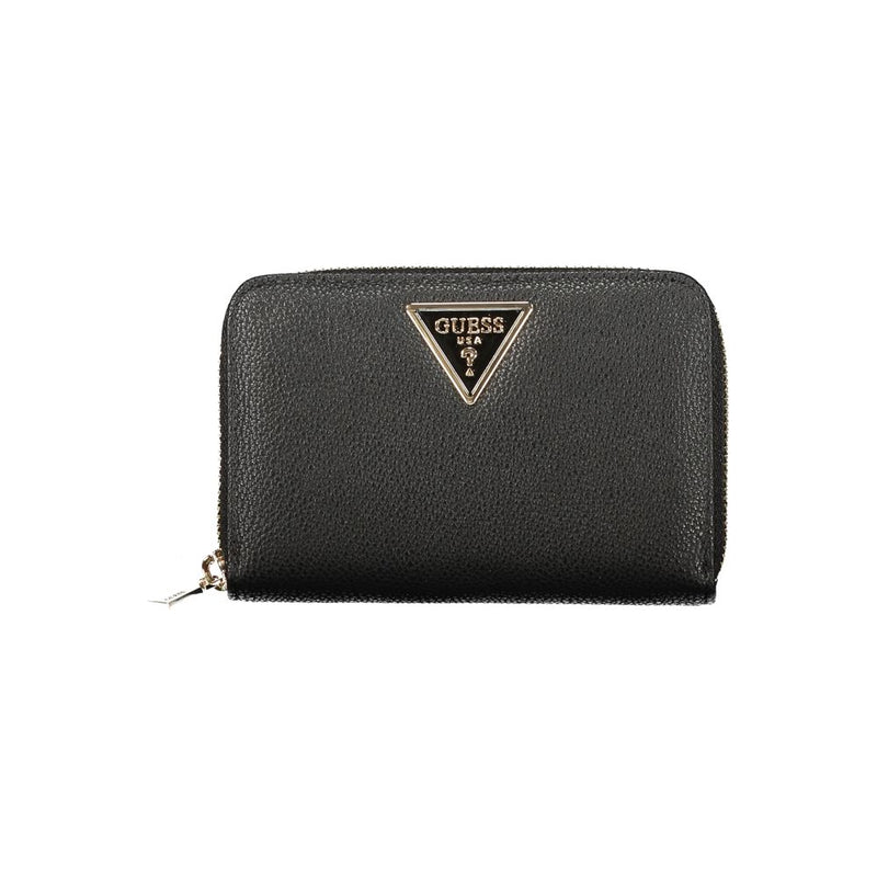 Black faux leather Guess zip-around wallet with gold triangle logo