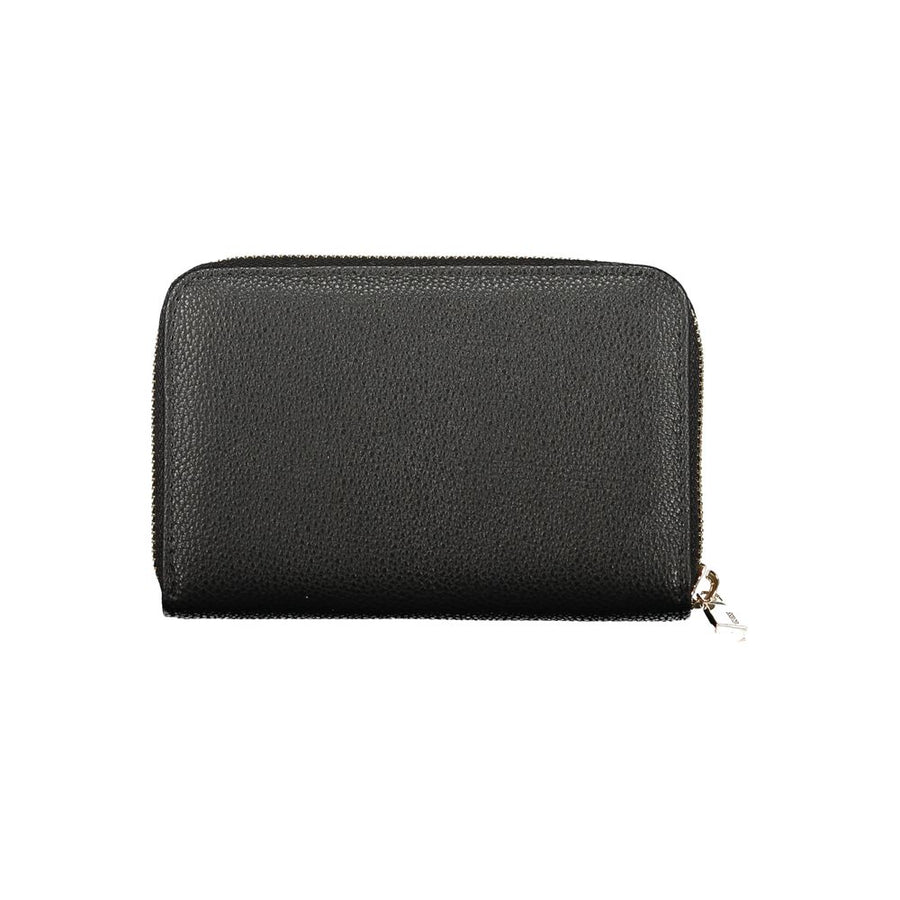 Black faux leather Guess zip-around wallet with gold triangle logo