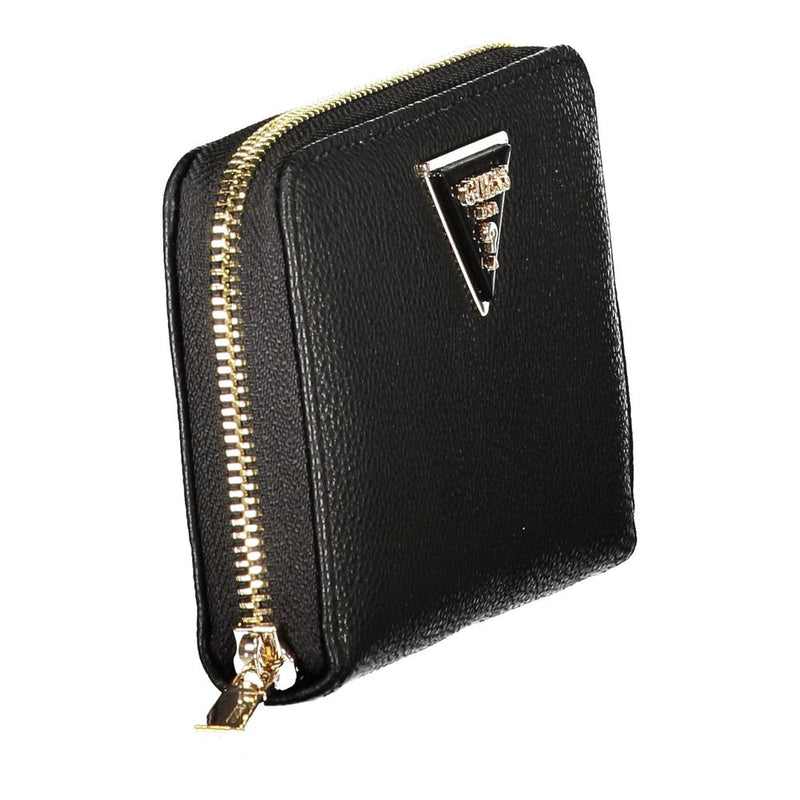 Black polyurethane women's zip-around wallet with gold hardware