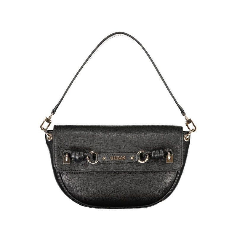 Black polyurethane saddle bag with a single shoulder strap and gold hardware