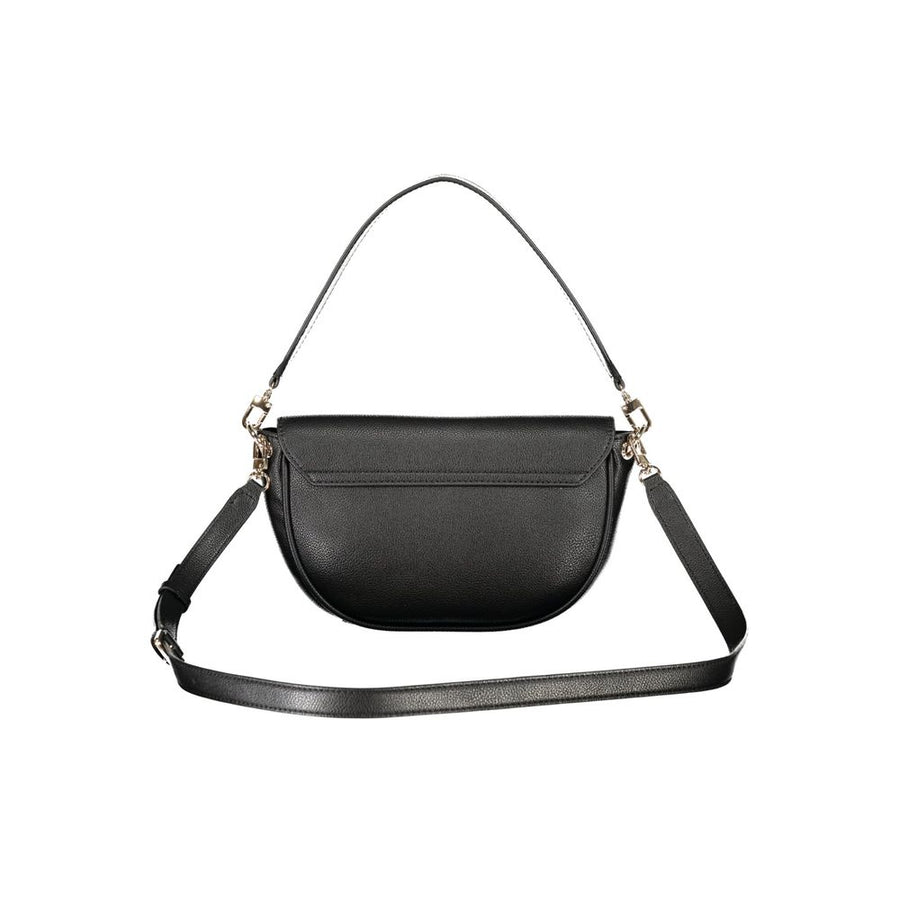 Black polyurethane saddle bag with a single shoulder strap and gold hardware