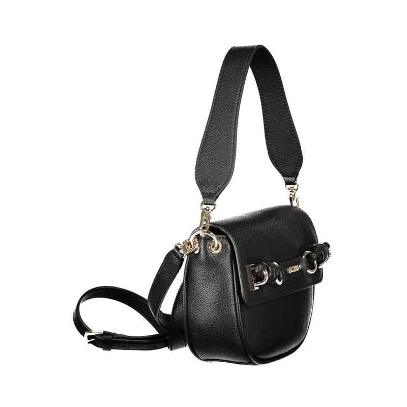 Black polyurethane structured women's shoulder bag with short strap and gold hardware