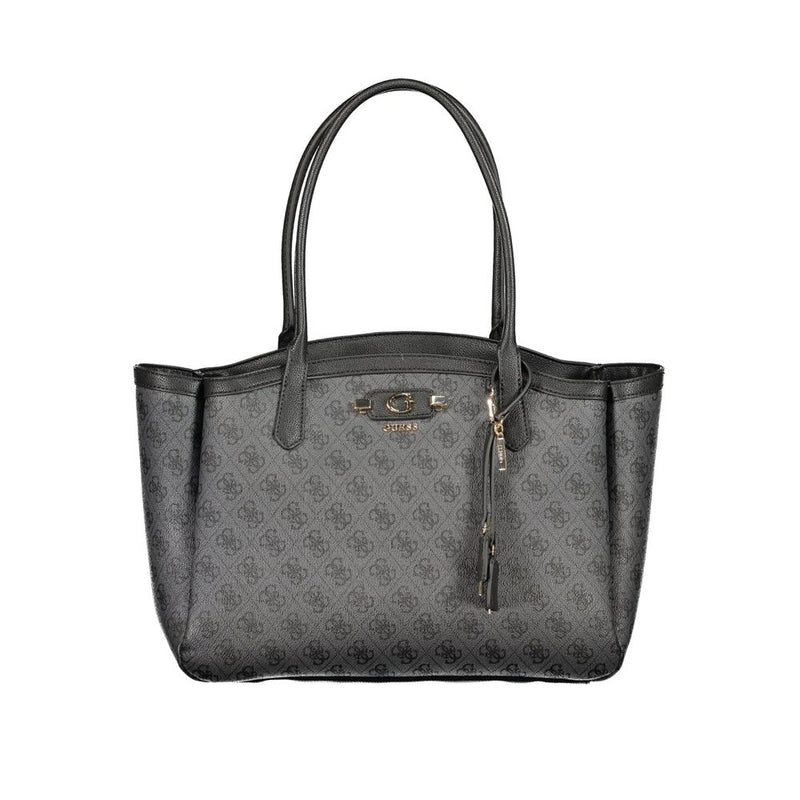 Black polyurethane Guess tote bag with dual shoulder straps and a monogram pattern