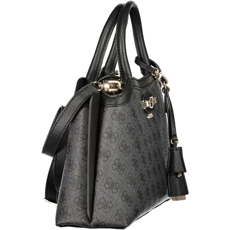 Black polyurethane monogram handbag with top handles and gold hardware