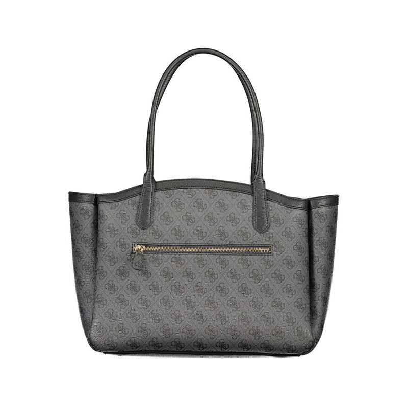 Black polyurethane tote bag with dual shoulder straps and a front zippered pocket featuring an all-over logo pattern
