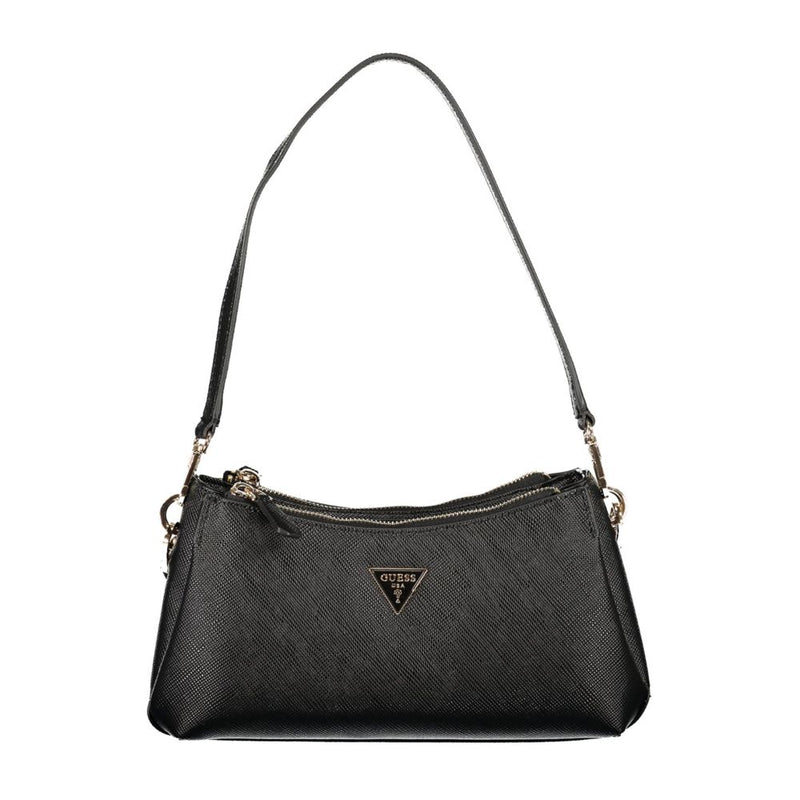Black textured polyurethane shoulder bag with single strap and metal triangle logo