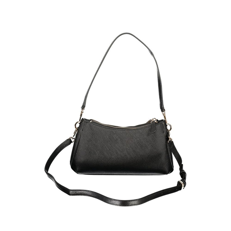 Black polyurethane women's shoulder bag with textured finish and dual straps