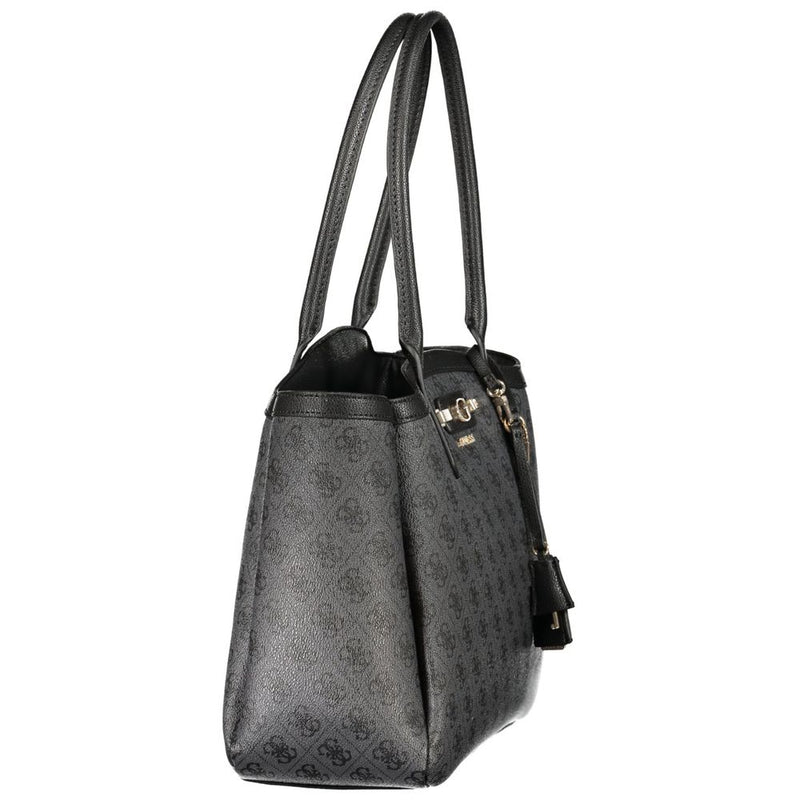 Black polyurethane Guess tote bag with dual shoulder straps and all-over monogram pattern
