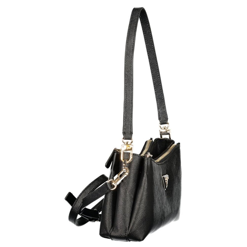 Black textured polyurethane shoulder bag with zippered compartments and a long strap