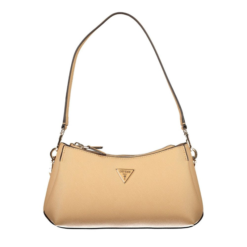 Beige polyethylene shoulder bag with a single strap and metallic triangular logo emblem