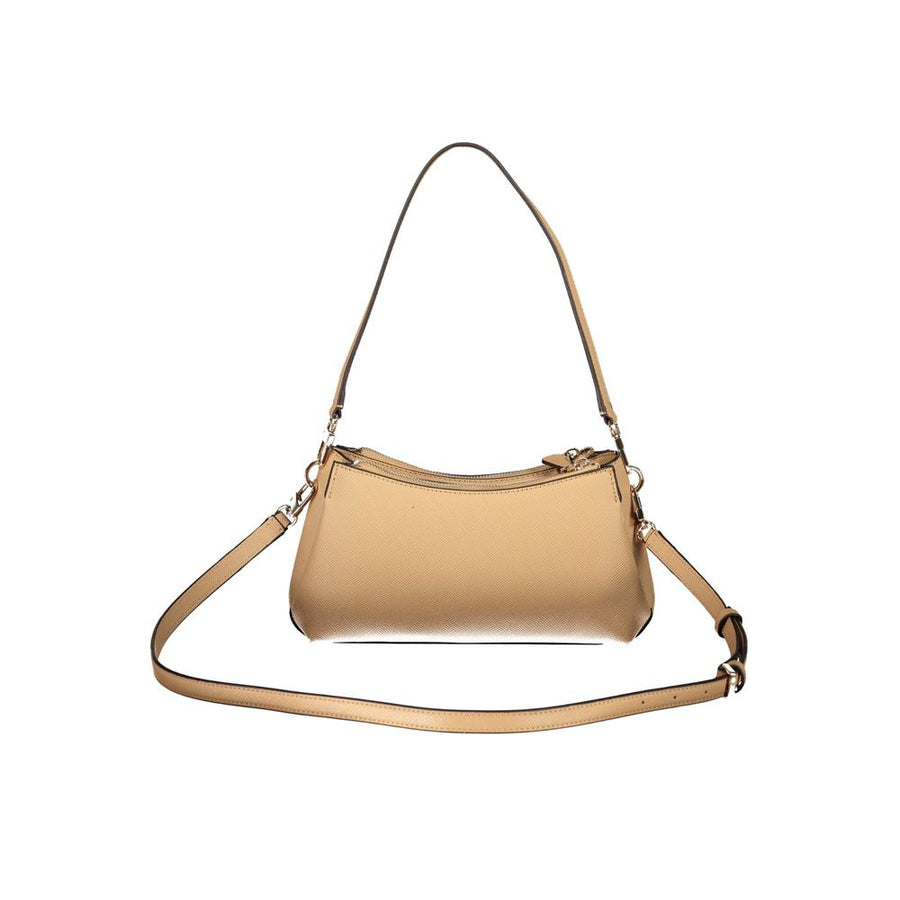 Beige polyethylene shoulder bag with a single strap and metallic triangular logo emblem