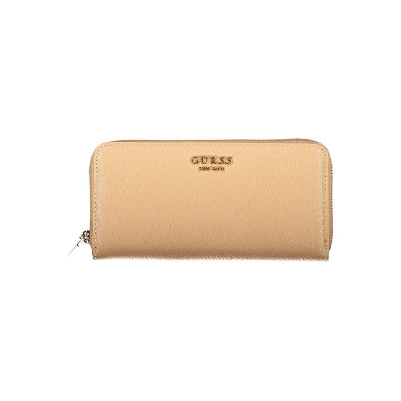 Beige polyurethane zip-around women's wallet with gold Guess logo