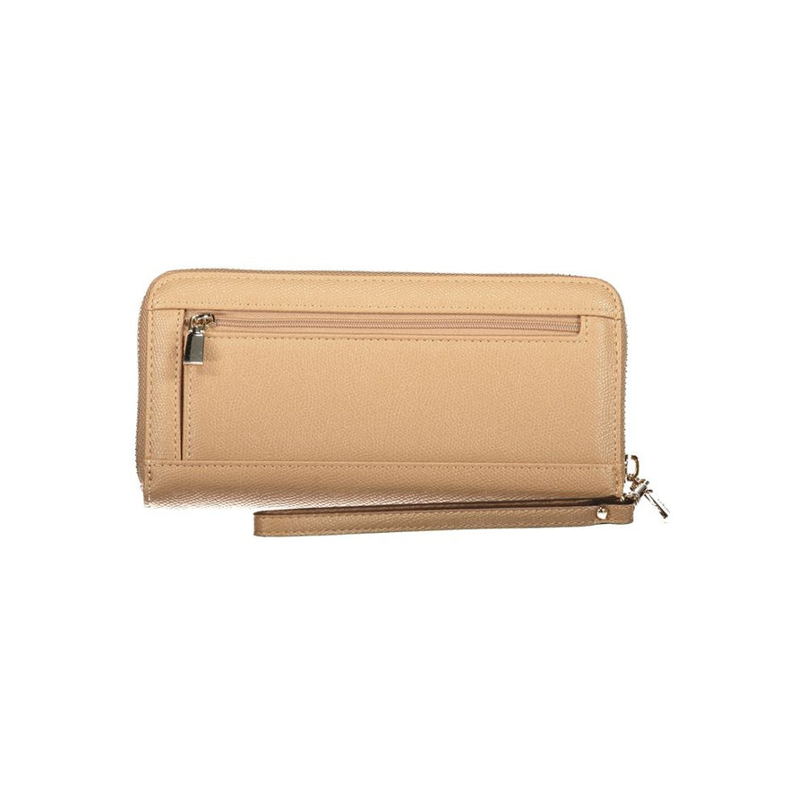 Beige polyurethane zip-around women's wallet with gold Guess logo