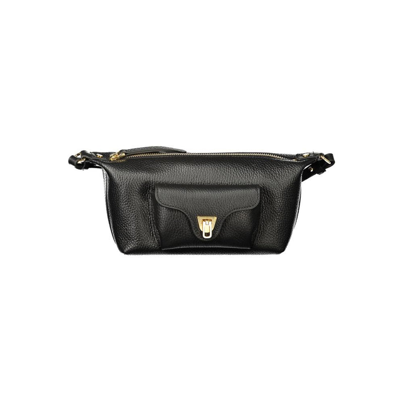Black textured leather handbag with front pocket and gold hardware