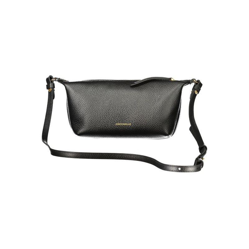 Black pebbled leather shoulder bag with a zipper and long strap