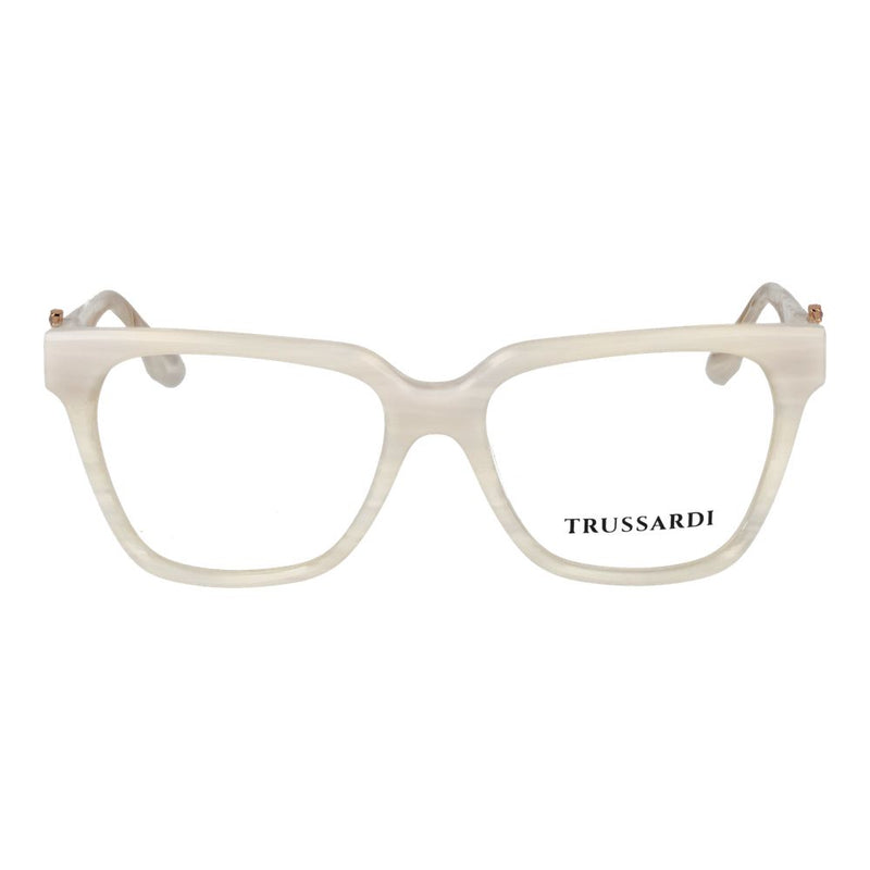 White acetate eyeglass frames with thick square rims and gold-tone hinge details