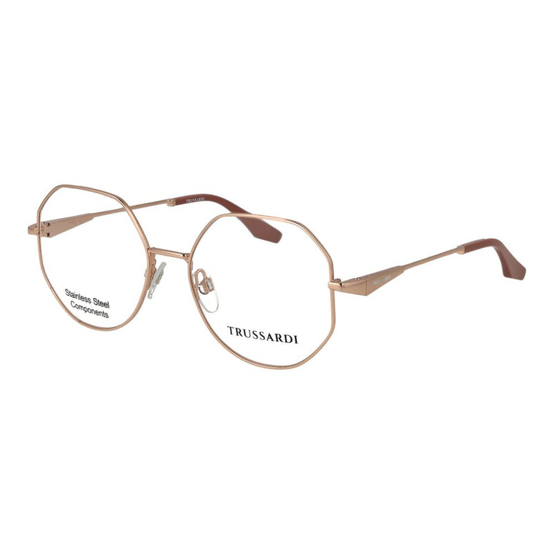 Rose gold stainless steel hexagonal eyeglass frames with brown temple tips